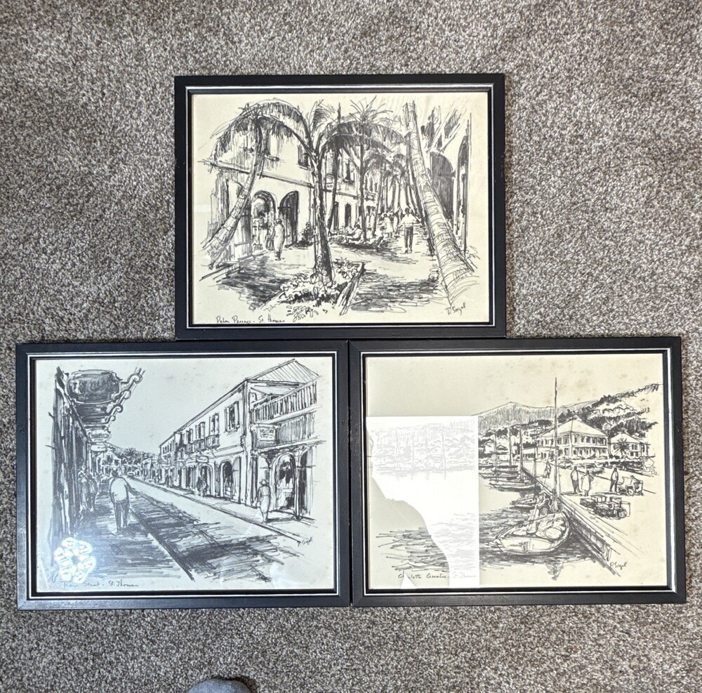 P. Sigel Signed Street Scene Sketch Prints Set of 3 Framed St. Thomas Landscapes